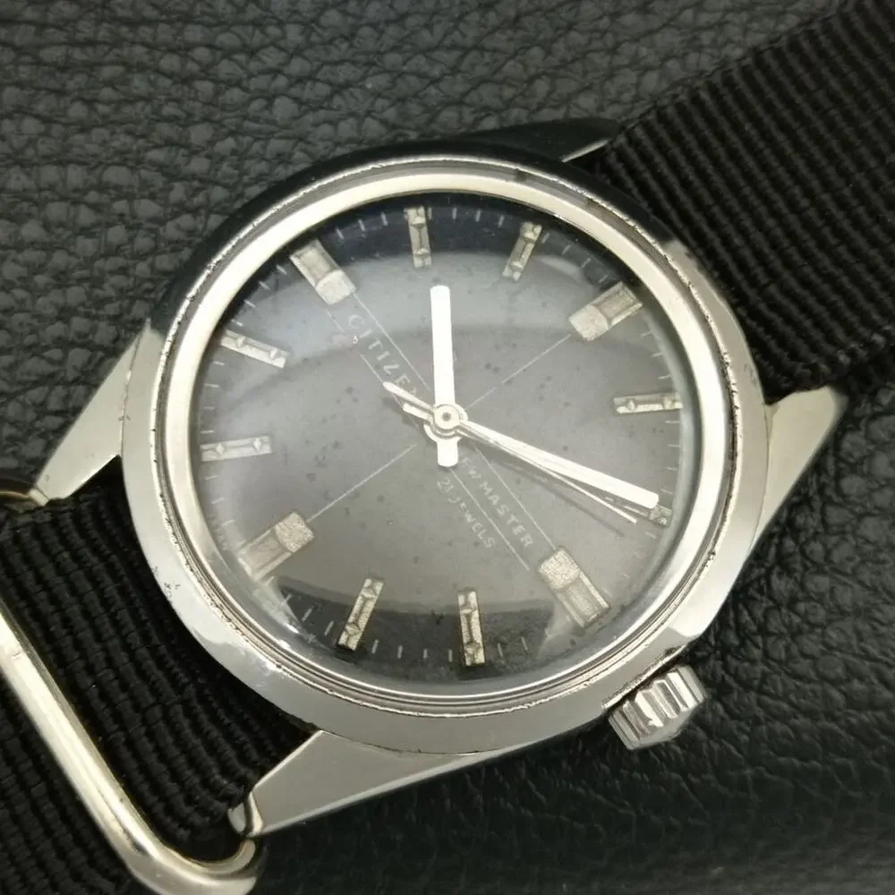 Vintage 1984 Citizen Manual Wound Mens Silver Watch & Black accents